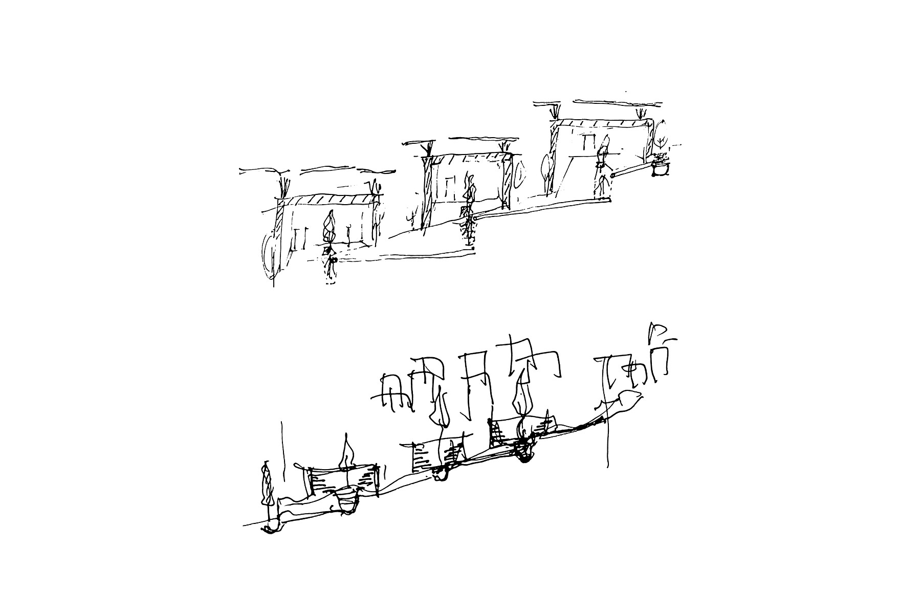 Sectional and elevational sketch studies with landscape
