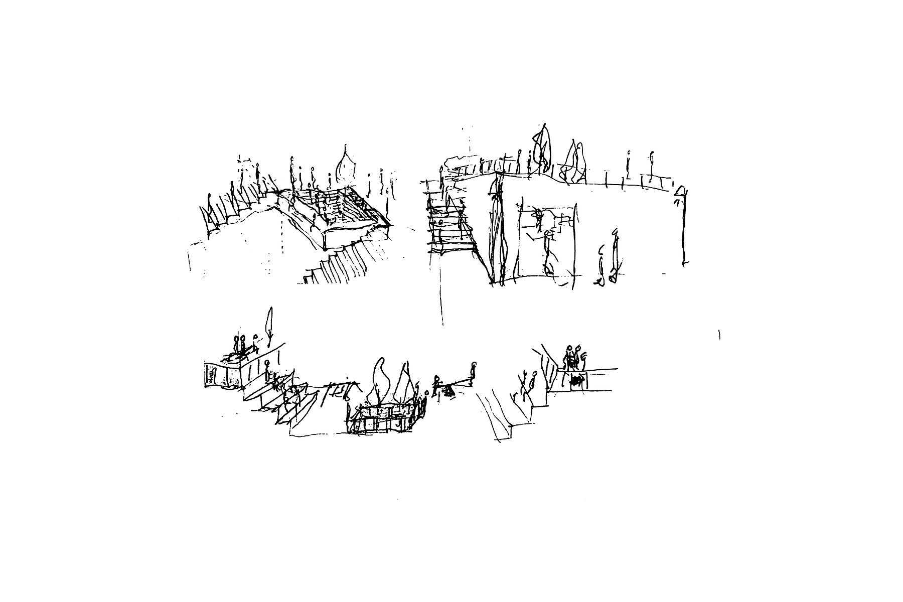 Perspective sketches populated with figures to test scale and use
