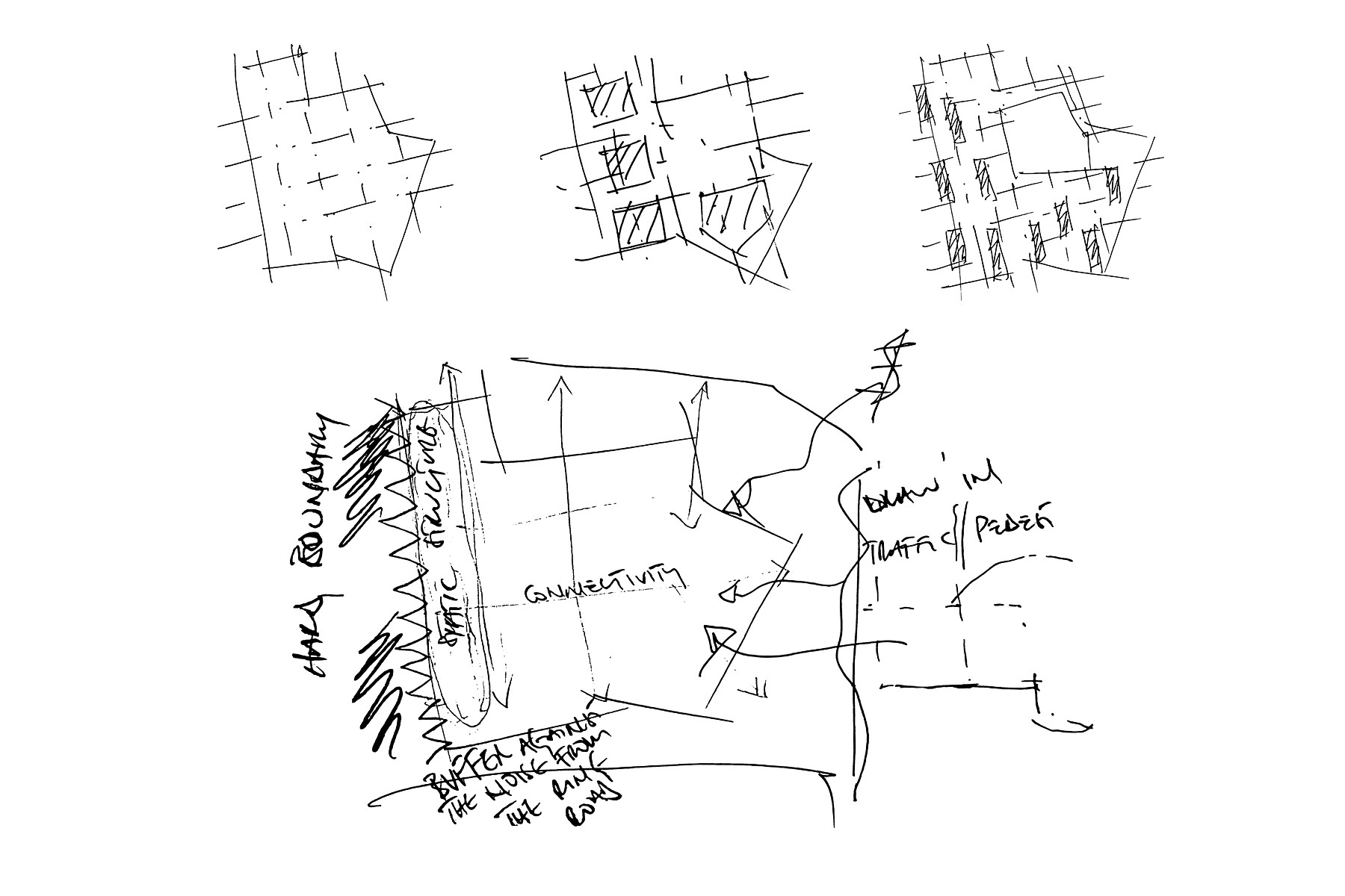 Annotated hand-drawn concept diagram marking entrance, community and terraces