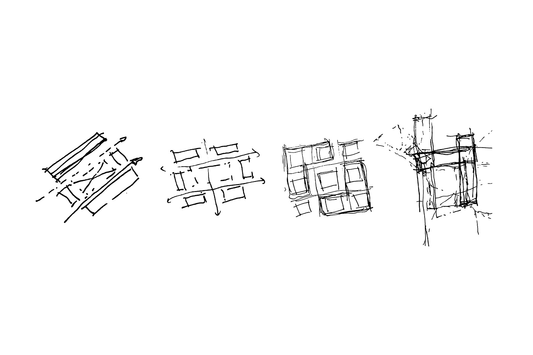 Hand-drawn plan studies exploring alternative arrangements