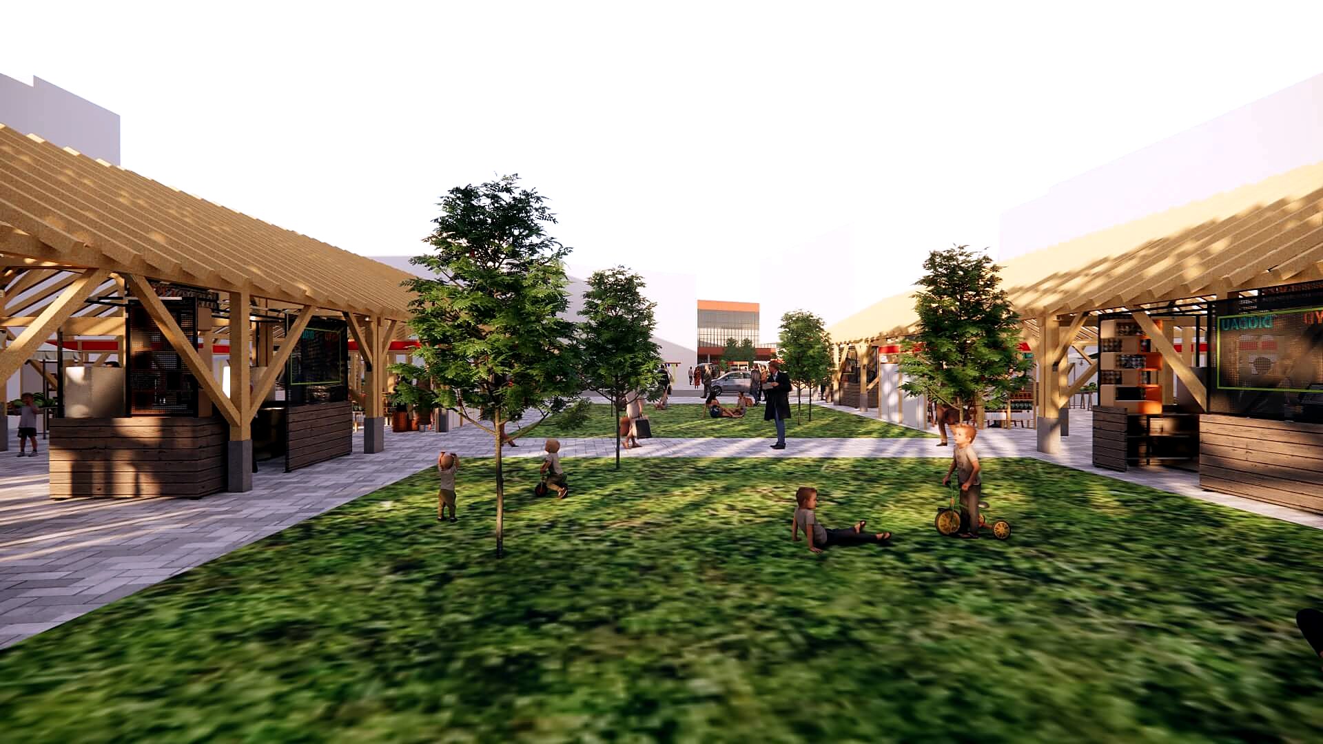 Green space with trees and light timber canopy structures