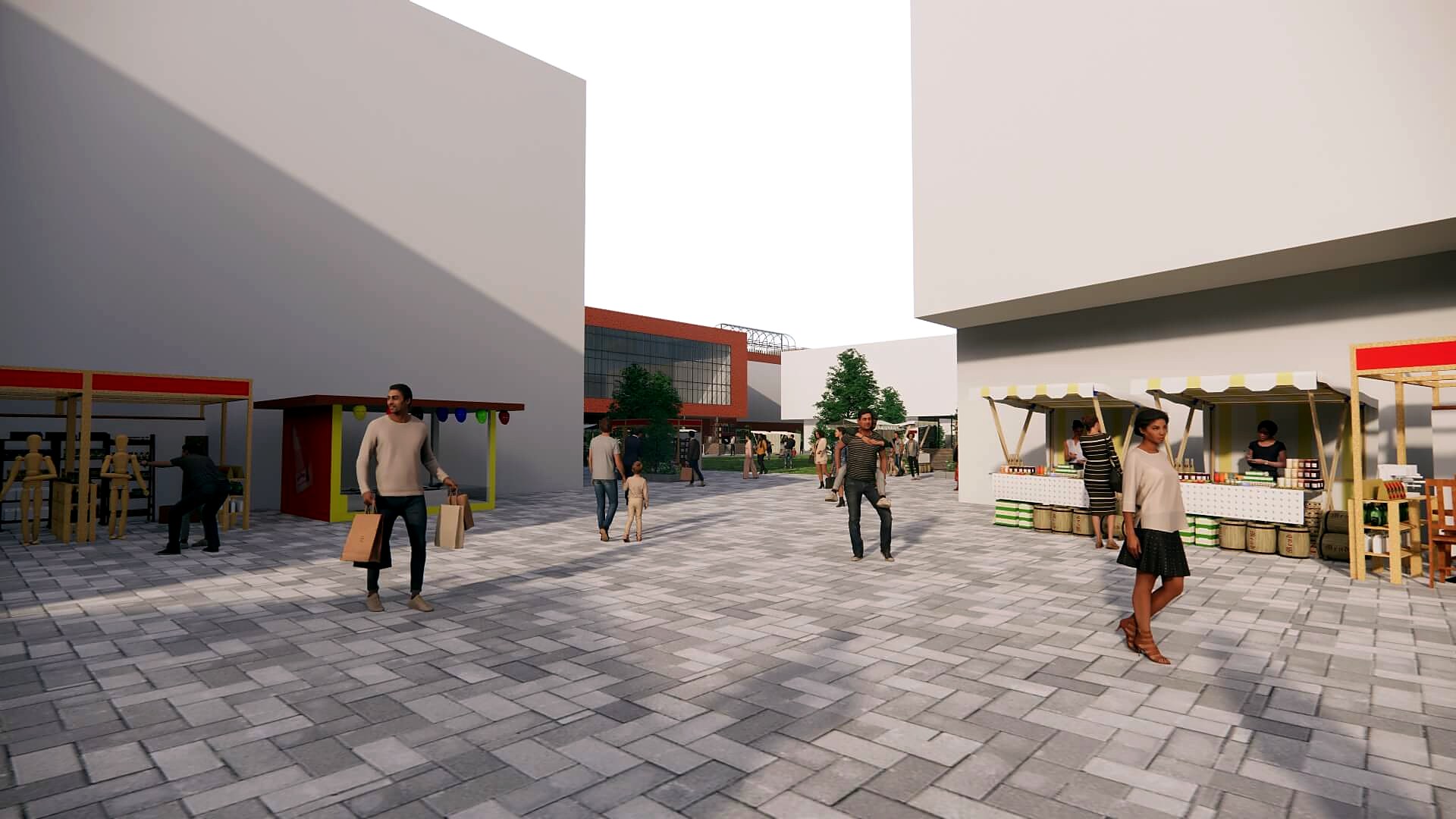 Paved market street with stalls, canopies and people