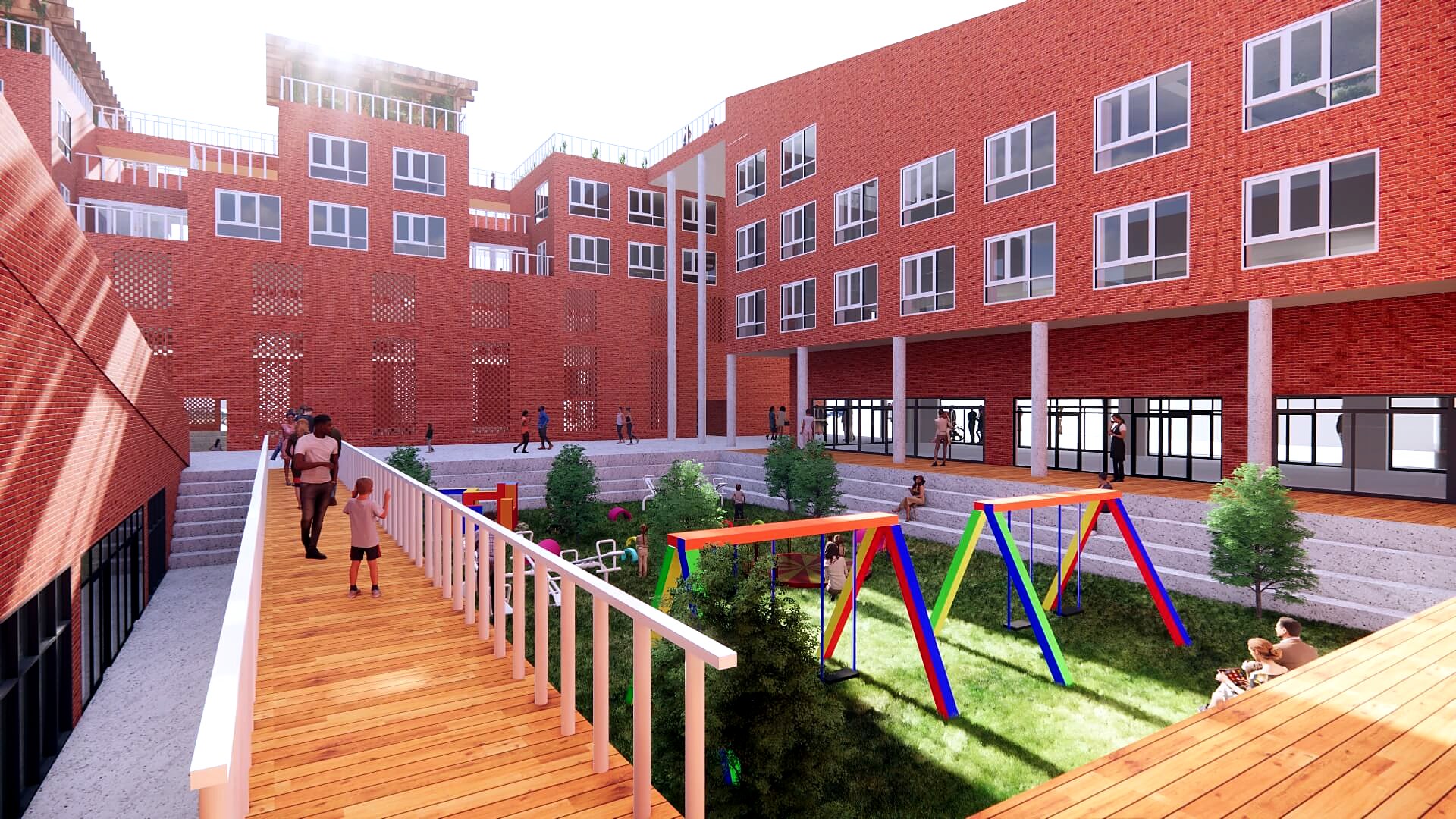 Raised shared deck with play equipment overlooked by surrounding blocks