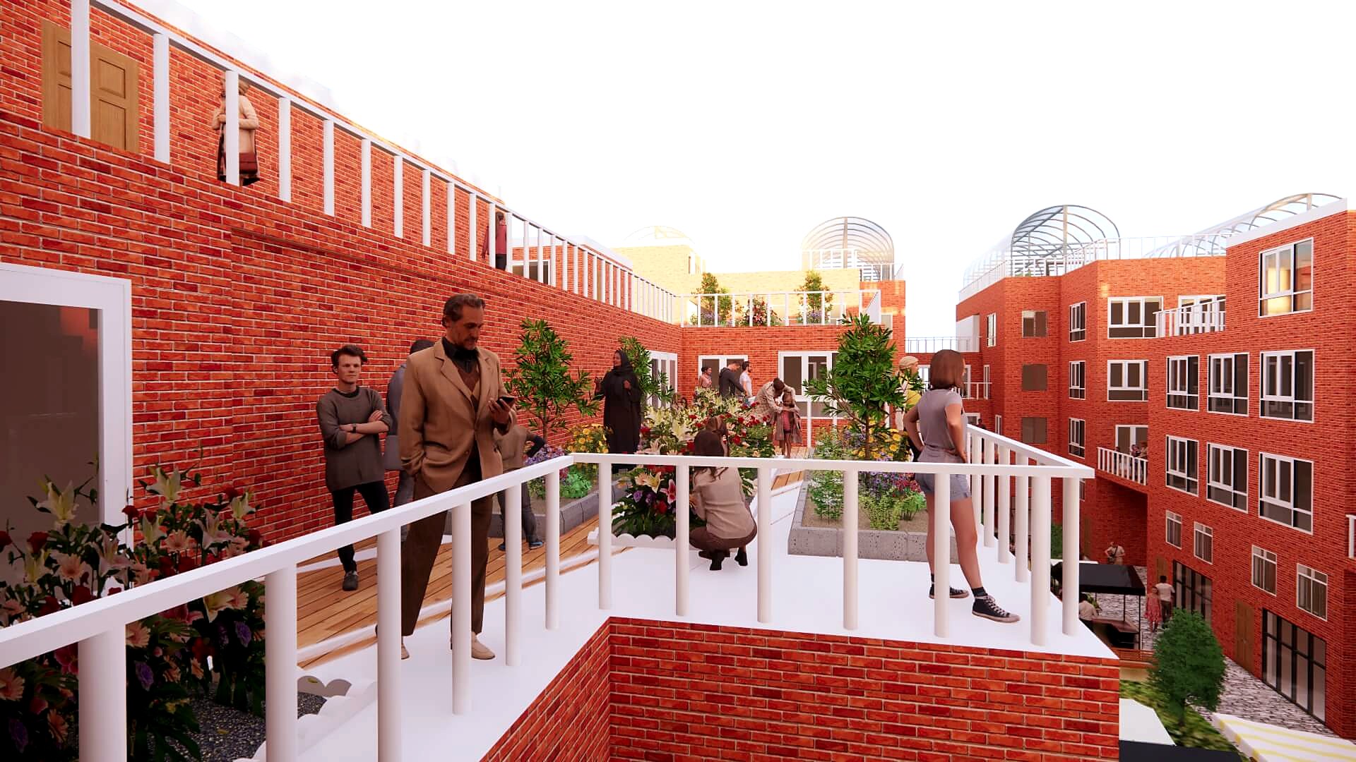 Residents on a terrace overlooking a planted courtyard
