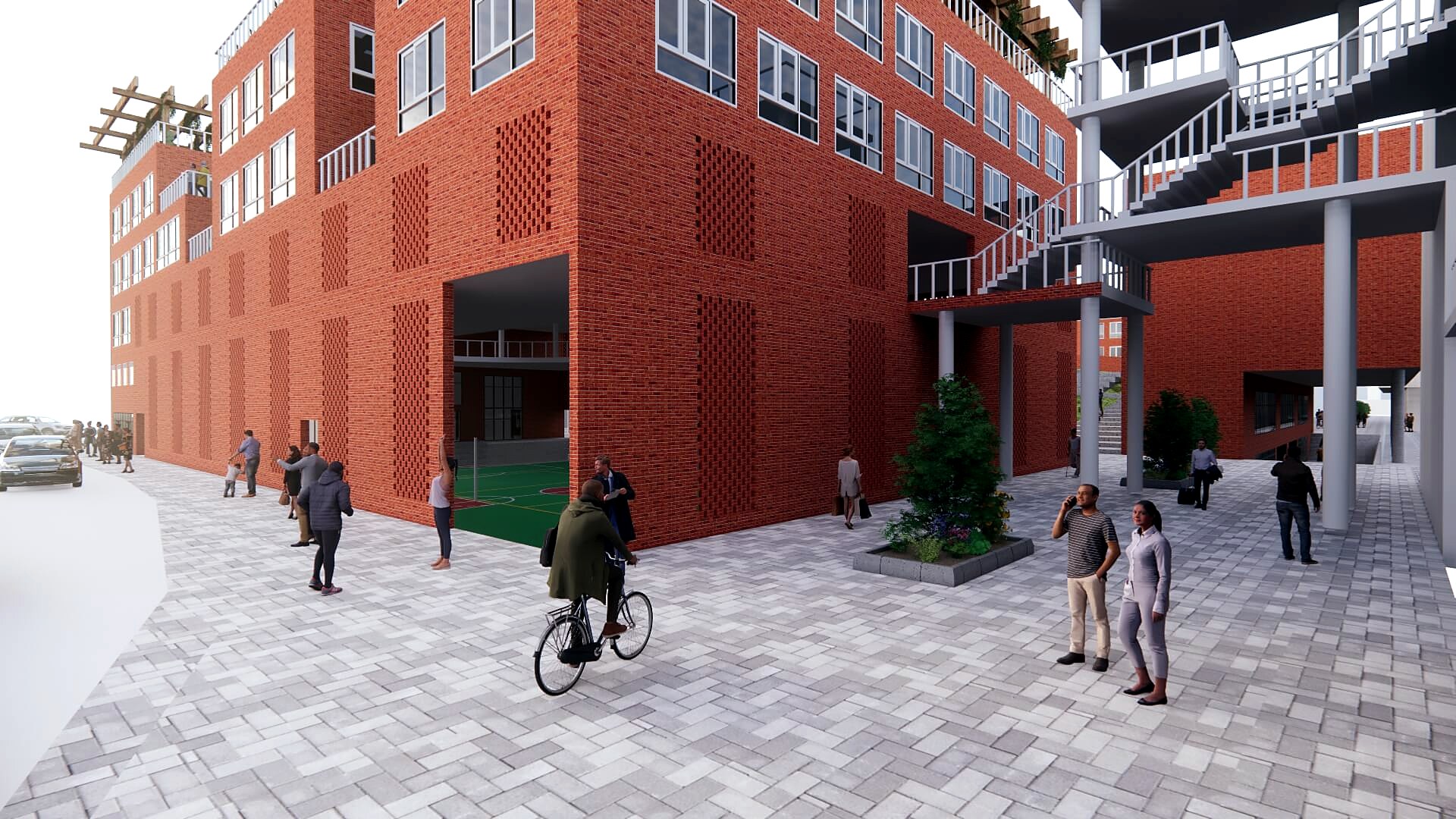 Arcaded ground floor along a street with cyclists and pedestrians