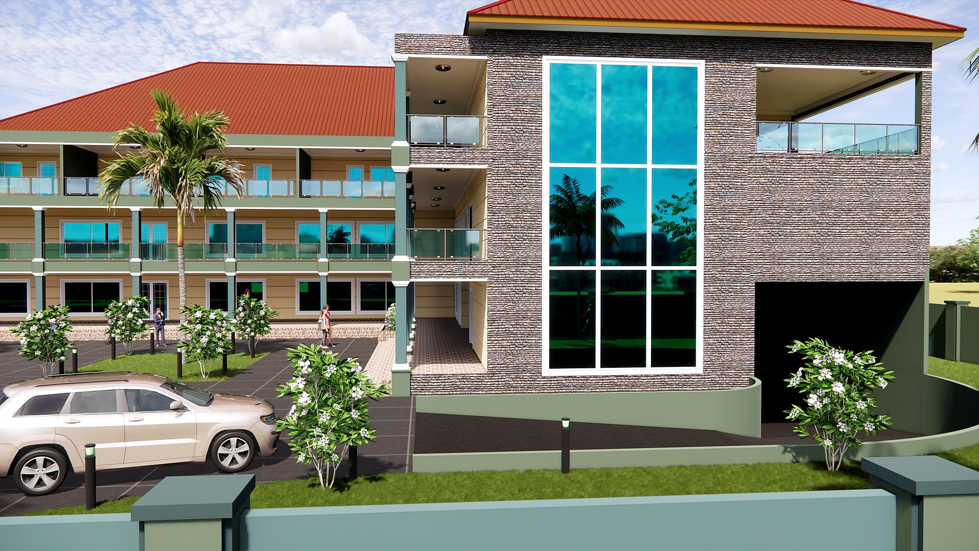 Stone-clad entrance tower of the Accra Event Centre with full-height stair glazing and open upper terrace