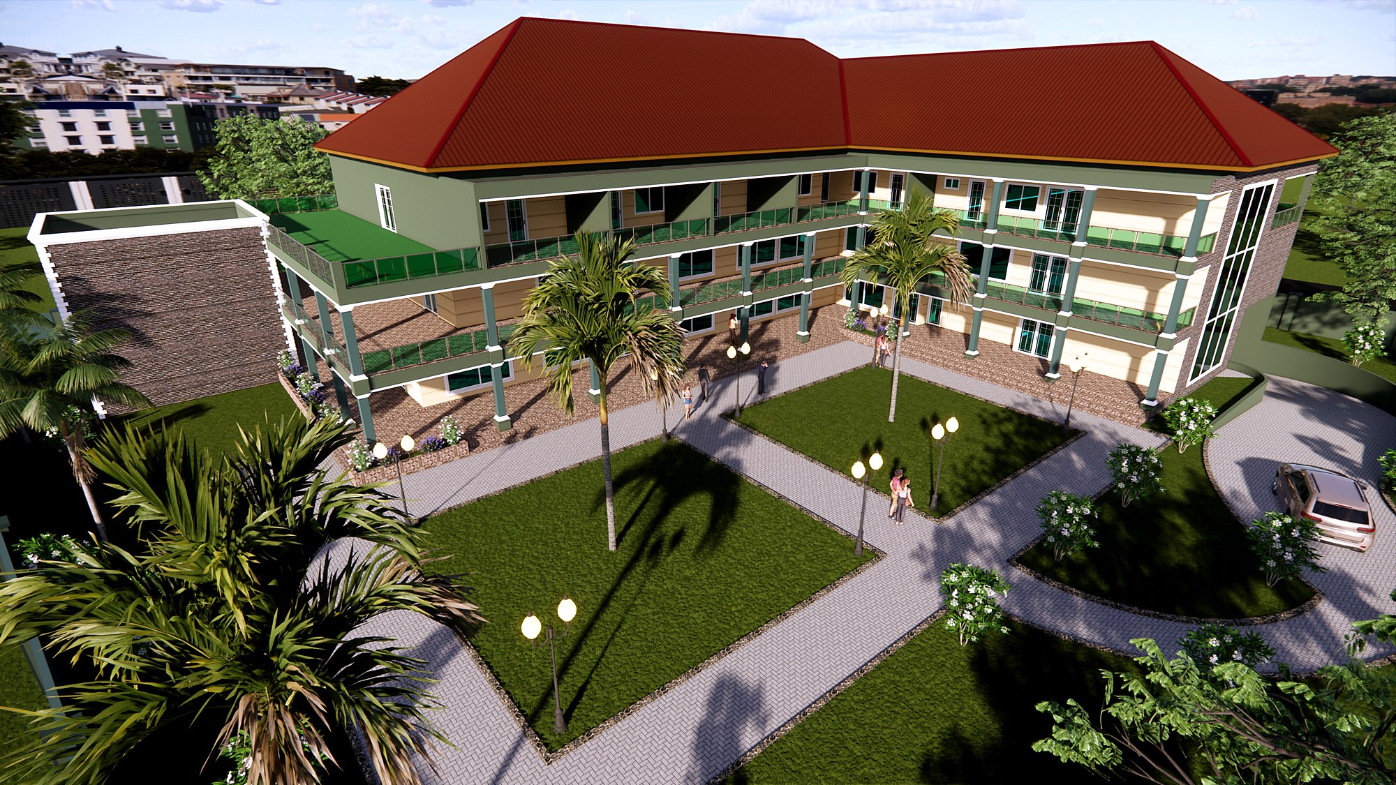 Aerial view of the Event Centre in Accra showing two wings enclosing a landscaped courtyard
