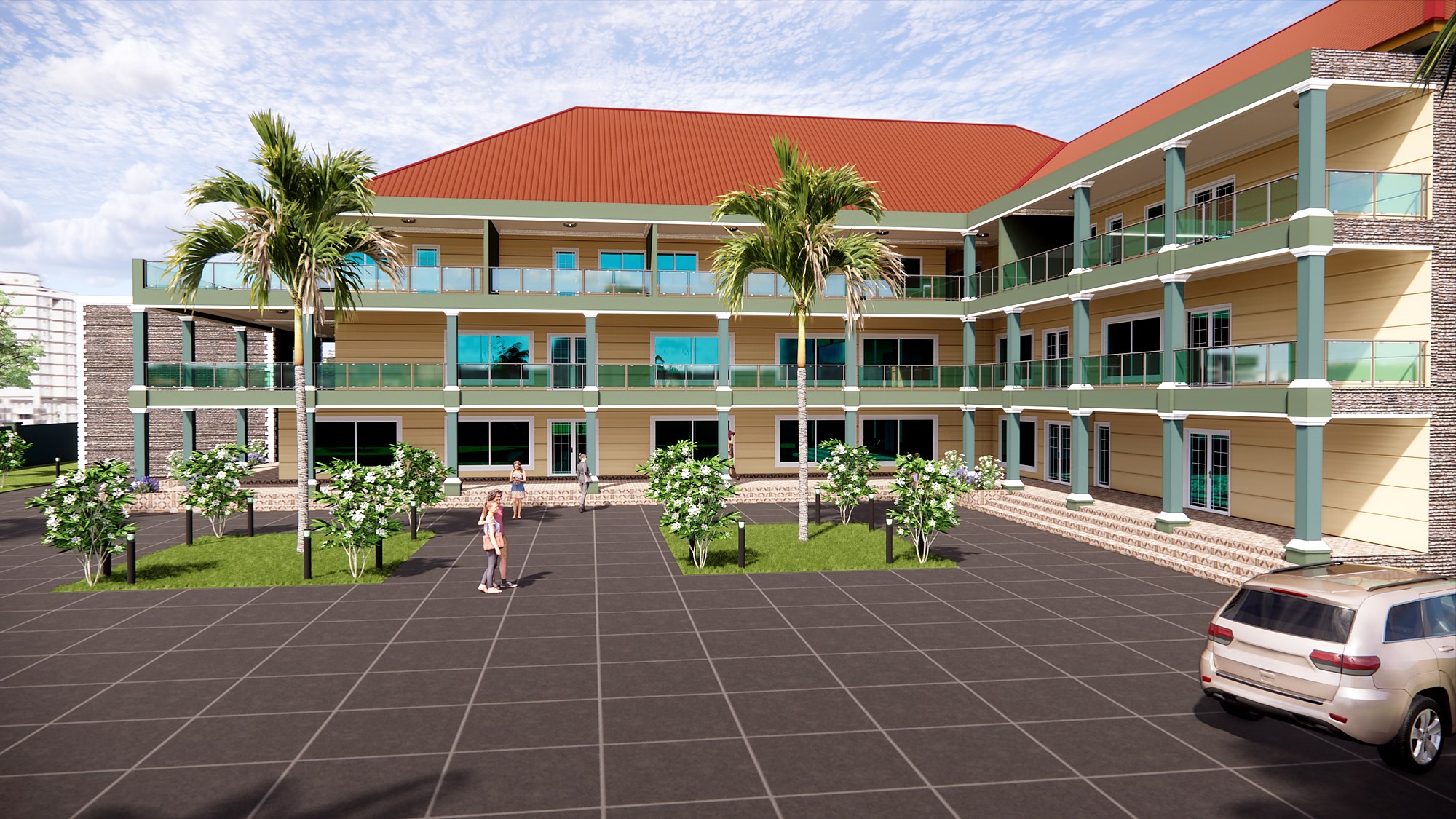 Courtyard elevation of the Accra Event Centre showing the repeating rhythm of columns, floor bands and galleries