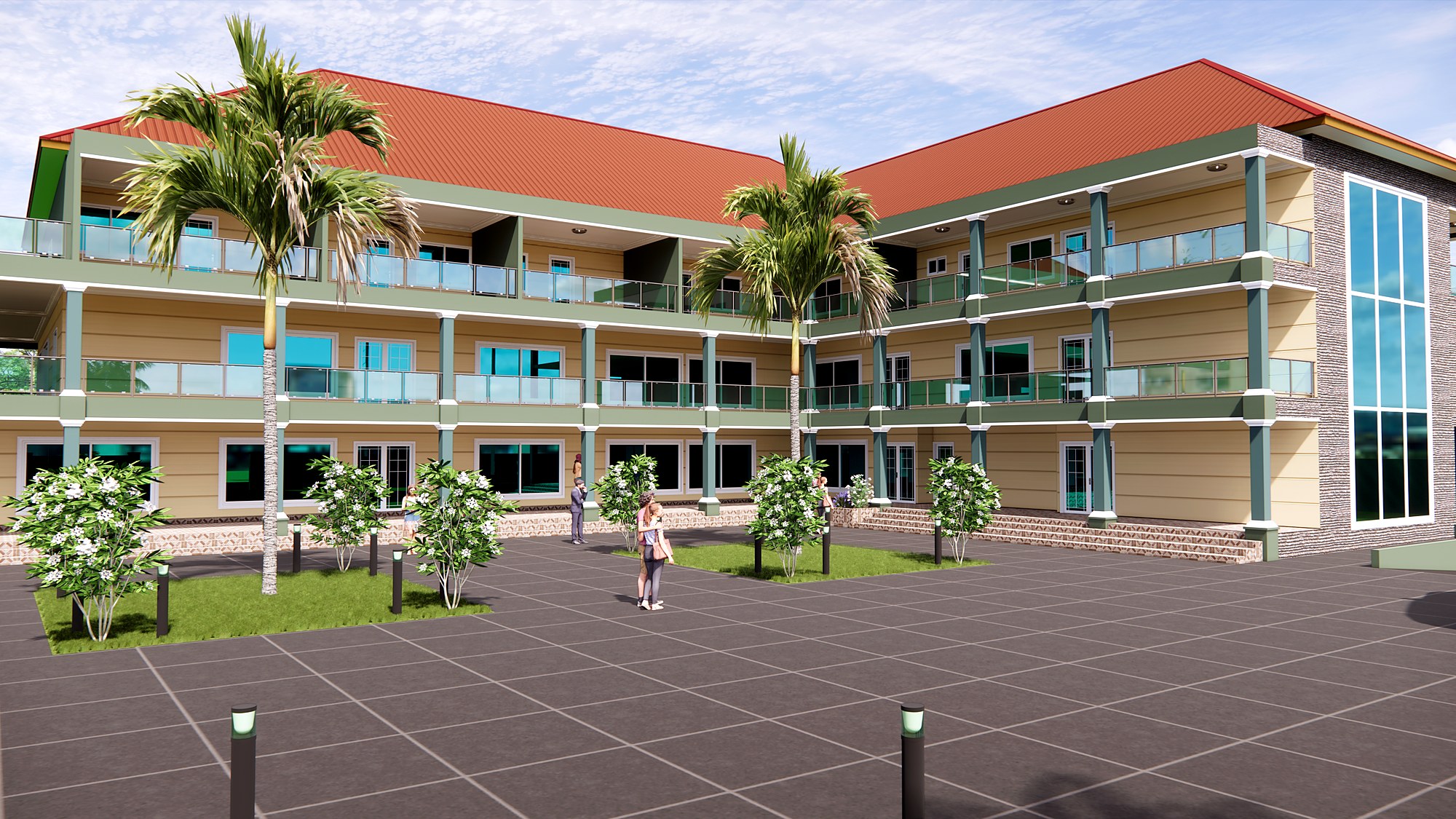 Wide view of both wings of the Accra Event Centre meeting at the corner above the courtyard