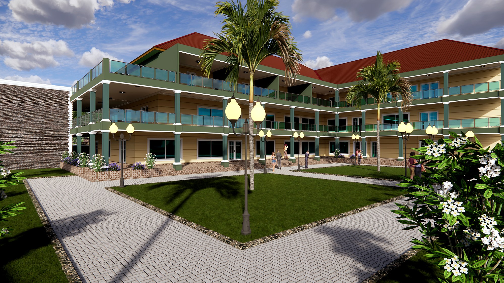 The courtyard garden of the Accra Event Centre with palms, lawn panels and lit lamp standards