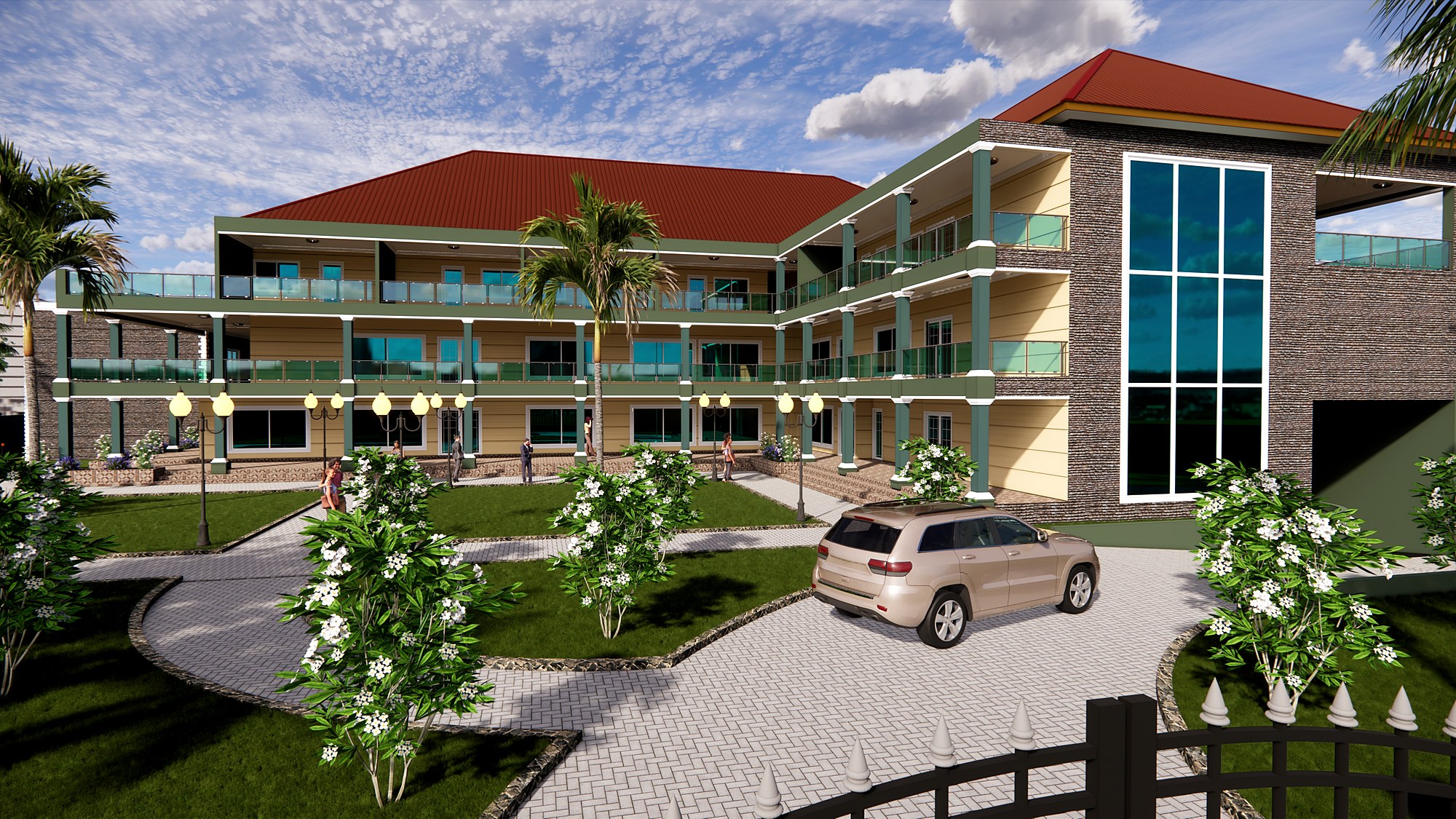 Forecourt of the Accra Event Centre with curved paved drive, planting beds and lamp standards