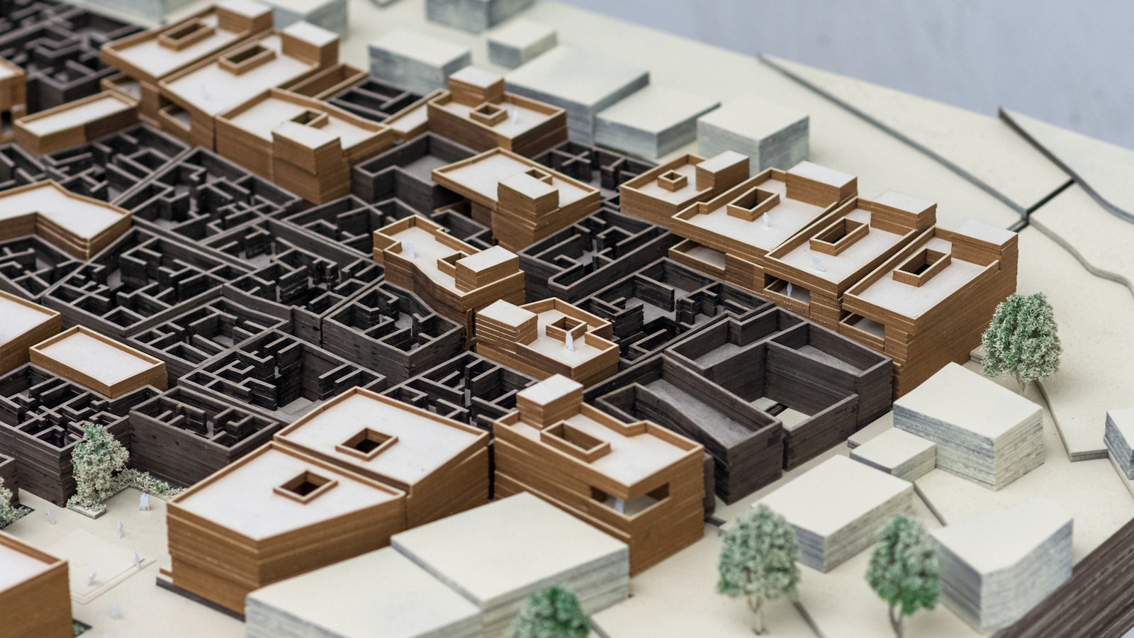A physical masterplan model showing blocks, streets and landscape